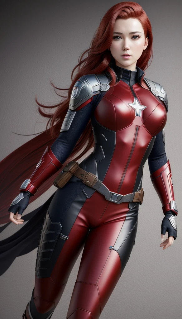 (masterpiece), (best quality), (photorealistic:1.3), 8k, detailed skin texture, detailed cloth texture, beautiful detailed face, intricate details, ultra detailed, Sakura naruto, Black Widow in the style of the Captain America, straight red hair, (full-length body:1.2)