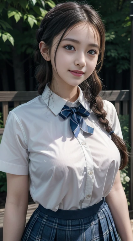 RAW Photos, 1 girl, Unbelievably absurd, beautiful girl, (cute), (Braid knot), Written boundary depth, High resolution, Very detailed, (delicate), Very detailed, Very detailedな目と顔, Sharp pupils, Realistic student, Sharp focus, Cinema Lighting, Eye and facial details, ( Collared shirt, Pleated skirt, bow ), Cowboy Shot , High school garden, Shout with a smile, Seduce, A big bust that seems to burst, Perfect body