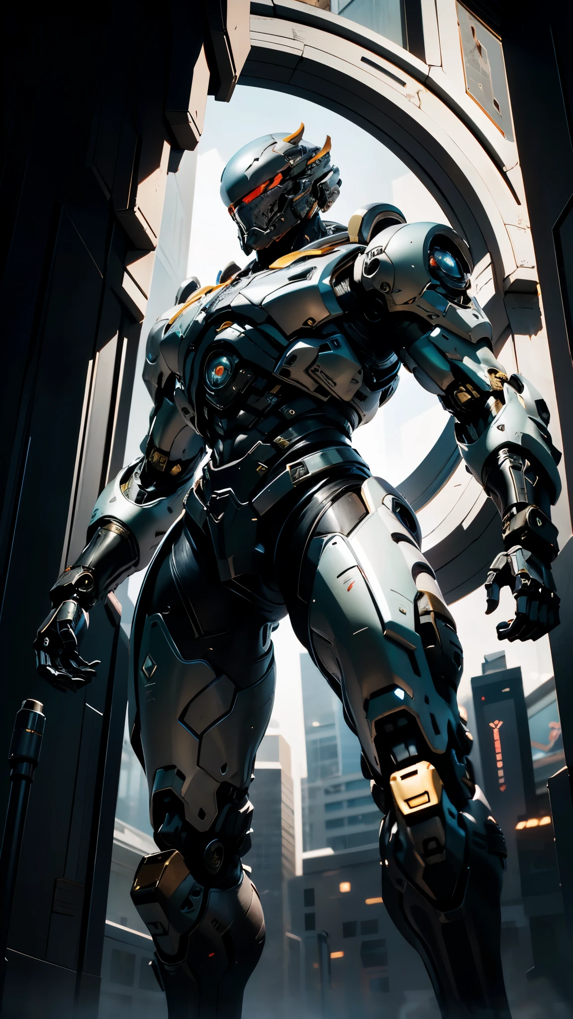 A man wearing a full-face helmet, a fantasy-style biotech armored combat suit, green eyes, (a composite layered chest armor), fully enclosed shoulder guards, matching arm and leg guards, the belt is adorned with dragon claw grasping orbs, (primarily black with red accents), the design balances heavy with agility, a high-tech bio-mecha armor, (Dynastinae concept Armor, stand on the top of a skyscraper in a futuristic sci-fi city), this character embodies a finely crafted fantasy-surreal style armored hero in anime style, exquisite and mature manga art style, (element, plasma, energy, the armor glows), ((male:1.5)), metallic, real texture material, dramatic, high definition, best quality, highres, ultra-detailed, ultra-fine painting, extremely delicate, professional, perfect body proportions, golden ratio, anatomically correct, symmetrical face, extremely detailed eyes and face, high quality eyes, creativity, RAW photo, UHD, 32k, Natural light, cinematic lighting, masterpiece-anatomy-perfect, masterpiece:1.5