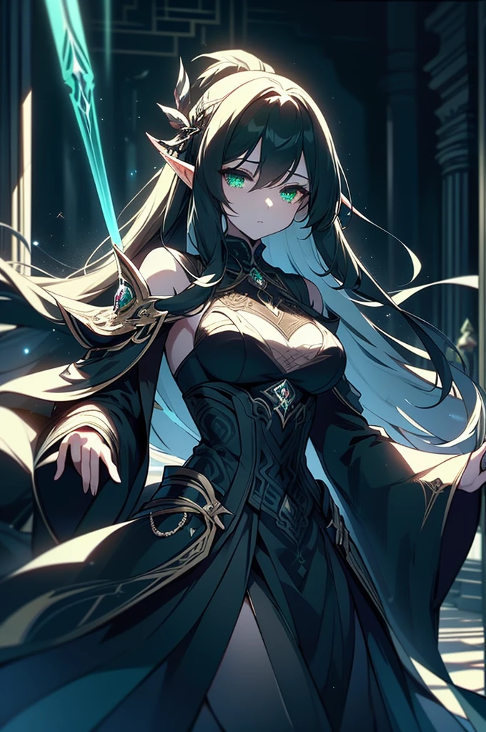 With shadows clinging to his every movement, a sleek elf with a mysterious aura prowls the streets in a noir-inspired anime. This enigmatic being is depicted in an intricate digital painting filled with rich, dark colors and sharp contrasts. Her silver hair shimmers in the dim lighting, perfectly complementing her piercing emerald eyes that seem to hold secrets untold. Dressed in a form-fitting tailored suit, every detail down to the stitching is flawlessly rendered, enhancing the overall sense of sophistication and allure. The image exudes a sense of intrigue and sophistication, drawing viewers into the captivating world of this lustrous elf.