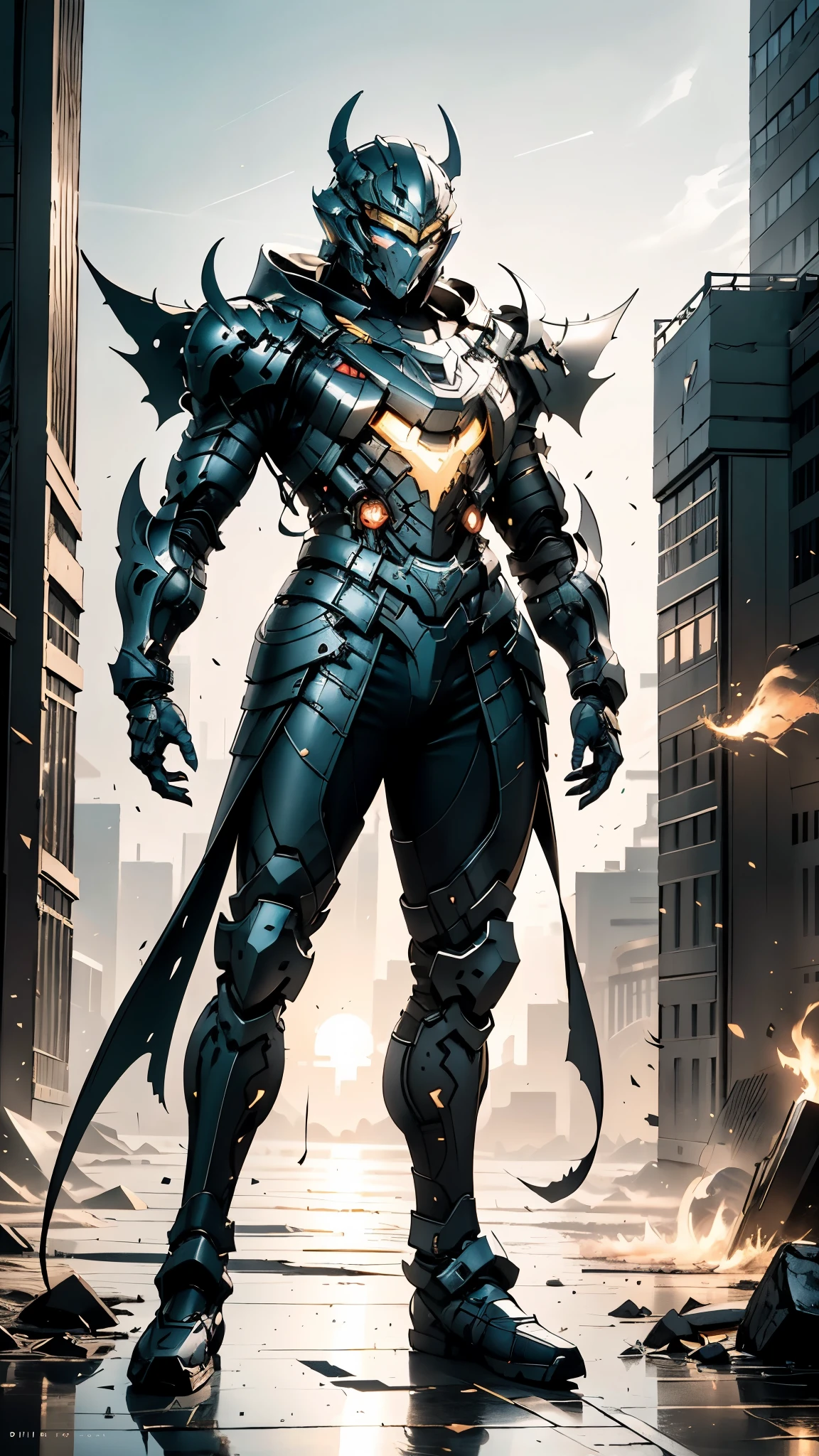 A man wearing a full-face helmet, a fantasy-style biotech armored combat suit, green eyes, (a composite layered chest armor), fully enclosed shoulder guards, matching arm and leg guards, the belt is adorned with dragon claw grasping orbs, (primarily black with red accents), the design balances heavy with agility, a high-tech bio-mecha armor, (Dynastinae concept Armor, stand on the top of a skyscraper in a futuristic sci-fi city), this character embodies a finely crafted fantasy-surreal style armored hero in anime style, exquisite and mature manga art style, (element, plasma, energy, the armor glows), ((male:1.5)), metallic, real texture material, dramatic, high definition, best quality, highres, ultra-detailed, ultra-fine painting, extremely delicate, professional, perfect body proportions, golden ratio, anatomically correct, symmetrical face, extremely detailed eyes and face, high quality eyes, creativity, RAW photo, UHD, 32k, Natural light, cinematic lighting, masterpiece-anatomy-perfect, masterpiece:1.5