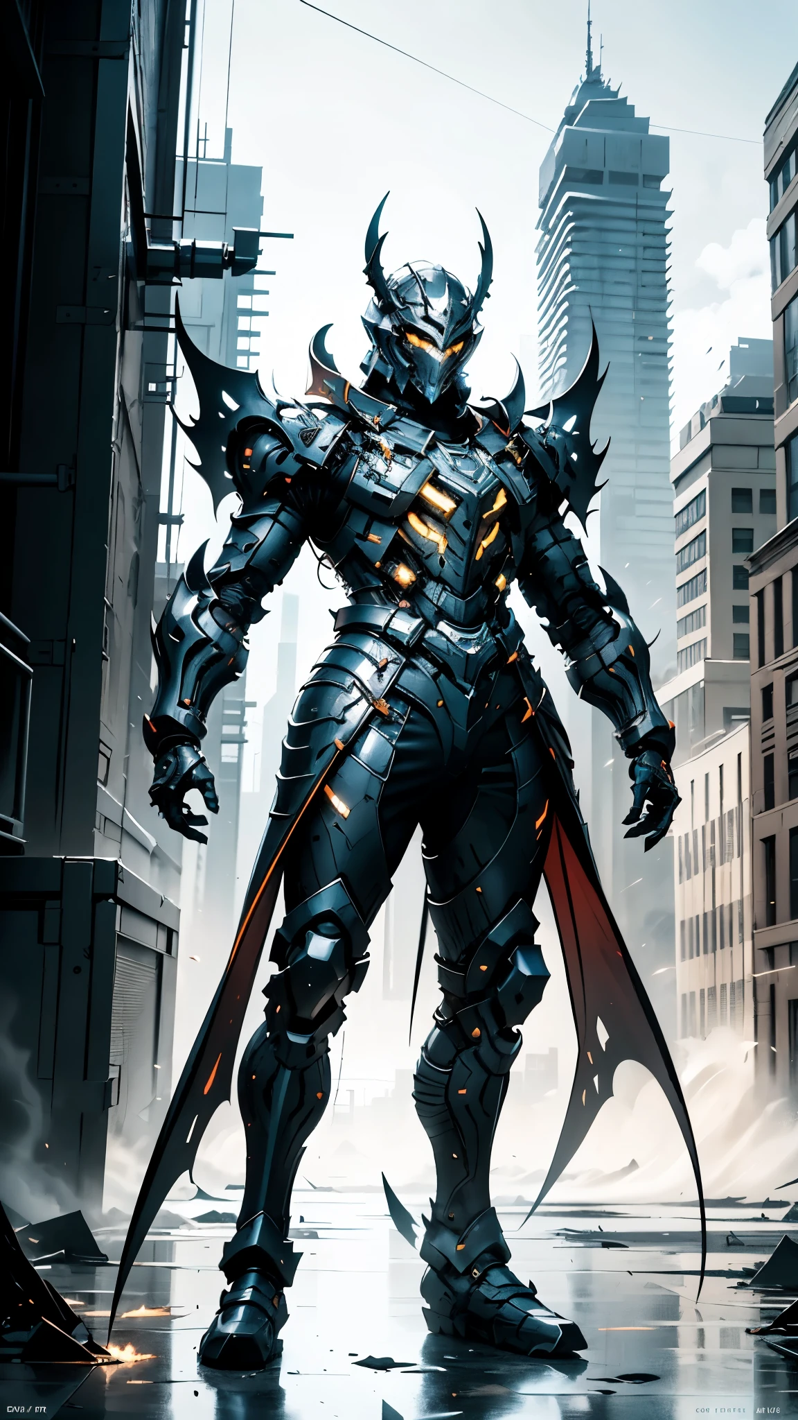 A man wearing a full-face helmet, a fantasy-style biotech armored combat suit, green eyes, (a composite layered chest armor), fully enclosed shoulder guards, matching arm and leg guards, the belt is adorned with dragon claw grasping orbs, (primarily black with red accents), the design balances heavy with agility, a high-tech bio-mecha armor, (Dynastinae concept Armor, stand on the top of a skyscraper in a futuristic sci-fi city), this character embodies a finely crafted fantasy-surreal style armored hero in anime style, exquisite and mature manga art style, (element, plasma, energy, the armor glows), ((male:1.5)), metallic, real texture material, dramatic, high definition, best quality, highres, ultra-detailed, ultra-fine painting, extremely delicate, professional, perfect body proportions, golden ratio, anatomically correct, symmetrical face, extremely detailed eyes and face, high quality eyes, creativity, RAW photo, UHD, 32k, Natural light, cinematic lighting, masterpiece-anatomy-perfect, masterpiece:1.5