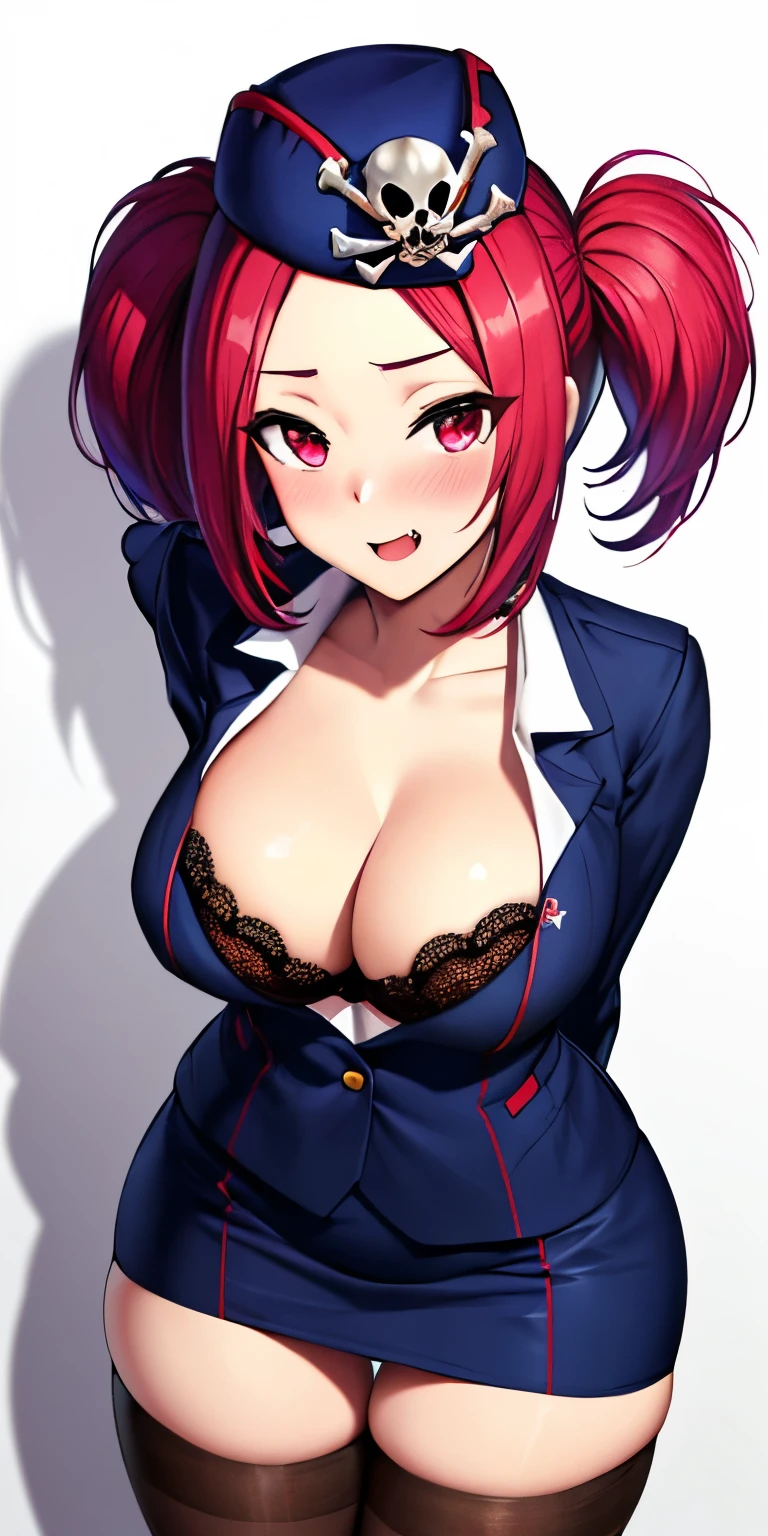 masterpiece, best quality, ultra-detailed, illustration,masterpiece, Best quality, high resolution, high resolution, 1girl, solo, red hair, red eyes, twintails, employee uniform, pencil skirt, tight skirt,miniskirt,skull print, navy cap, fang, black legwear, white gloves,beautiful detailed eyes, looking at viewer in a seductive look, close up, (breast focus), (arms behind back:1.2), (from above:1.1),big sized breasts, attempt to seduce,blush, cleavage ,(wide thighs), perfect skull,((pink lace bra))
