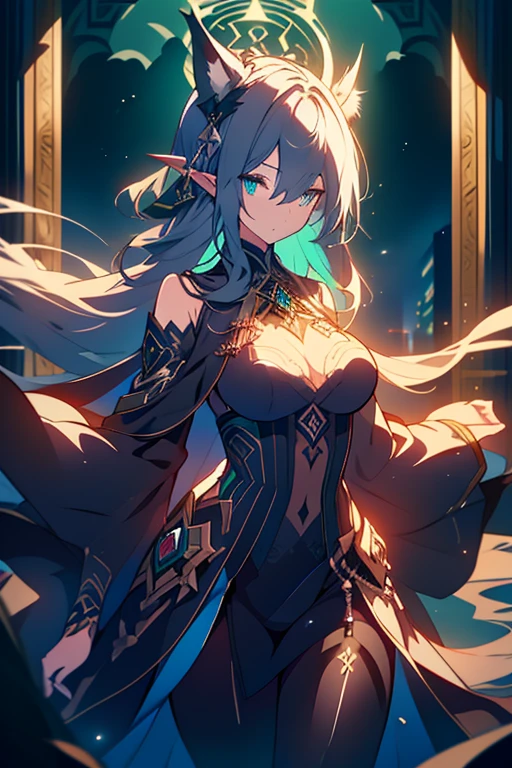With shadows clinging to his every movement, a sleek elf with a mysterious aura prowls the streets in a noir-inspired anime. This enigmatic being is depicted in an intricate digital painting filled with rich, dark colors and sharp contrasts. Her silver hair shimmers in the dim lighting, perfectly complementing her piercing emerald eyes that seem to hold secrets untold. Dressed in a form-fitting tailored suit, every detail down to the stitching is flawlessly rendered, enhancing the overall sense of sophistication and allure. The image exudes a sense of intrigue and sophistication, drawing viewers into the captivating world of this lustrous elf.