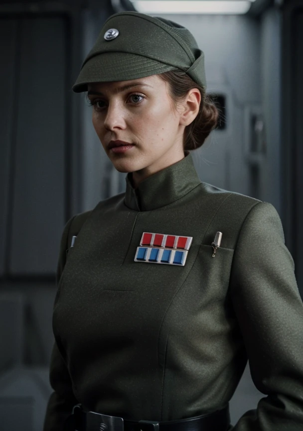 fashion photography of Jenny Nicholson in olive gray imperialofficer uniform and hat, brown hair in bun, (underboob:1.1), subsurface scattering, sharp focus (Flickering light:1.1), dlsr, ultra sharp, professional Photographer, subsurface scattering, film grain, very detailed skin texture, nsfw 