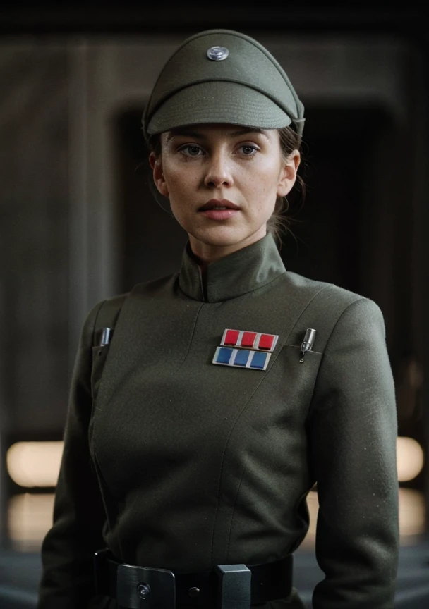 fashion photography of Jenny Nicholson in olive gray imperialofficer uniform and hat, brown hair in bun, (underboob:1.1), subsurface scattering, sharp focus (Flickering light:1.1), dlsr, ultra sharp, professional Photographer, subsurface scattering, film grain, very detailed skin texture, nsfw 