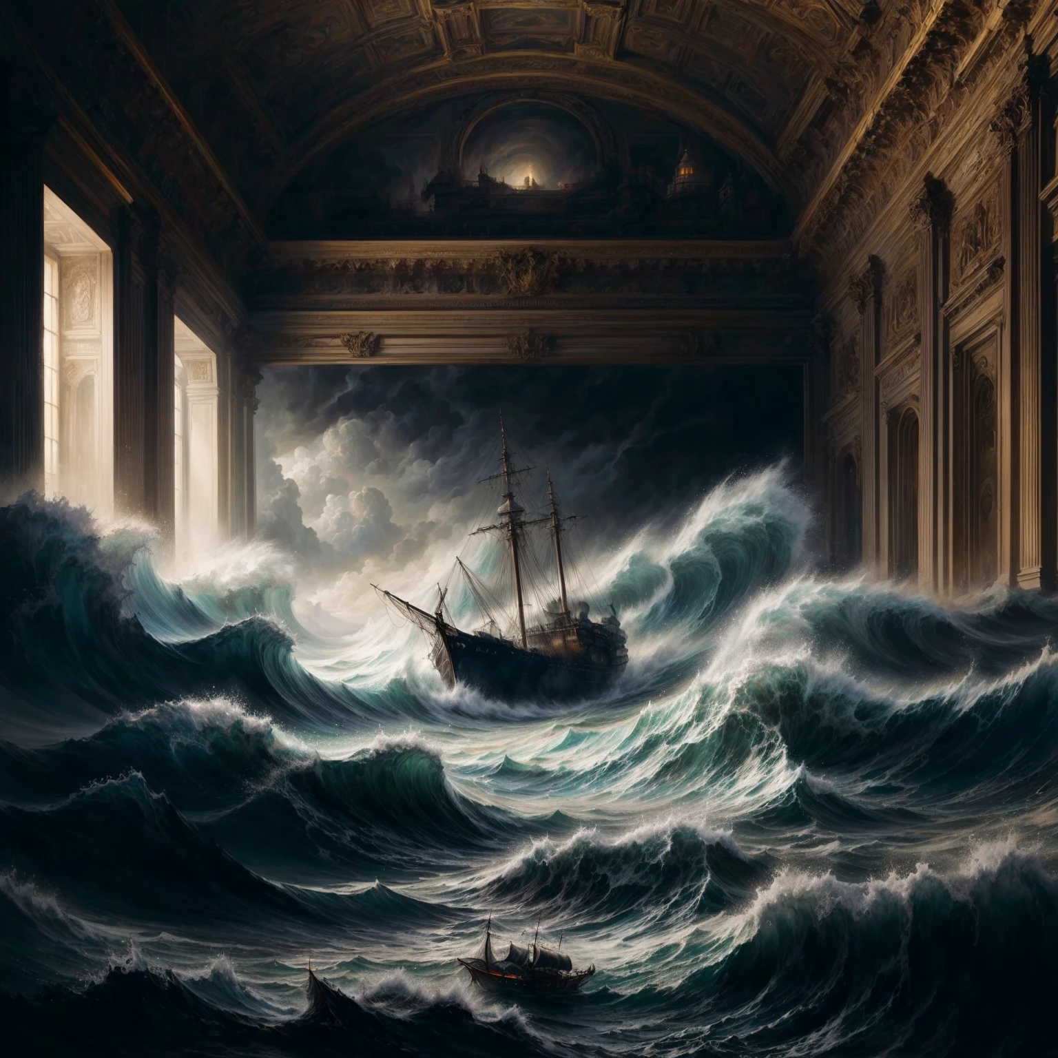 Painting of a boat in a large room with a ceiling, ein im Sturm verloren gegangenes Schiff, dramatische nautische Szene, stefan koidl inspiriert, stefan koidl, epic surrealism 8k oil painting, im Stil von Aiwasowski, dramatische Kunstwerke, surrealistische digitale Kunstwerke, Stormy sea, inspiriert von Ivan Aivazovsky, sebastian pether, surrealistische Malerei