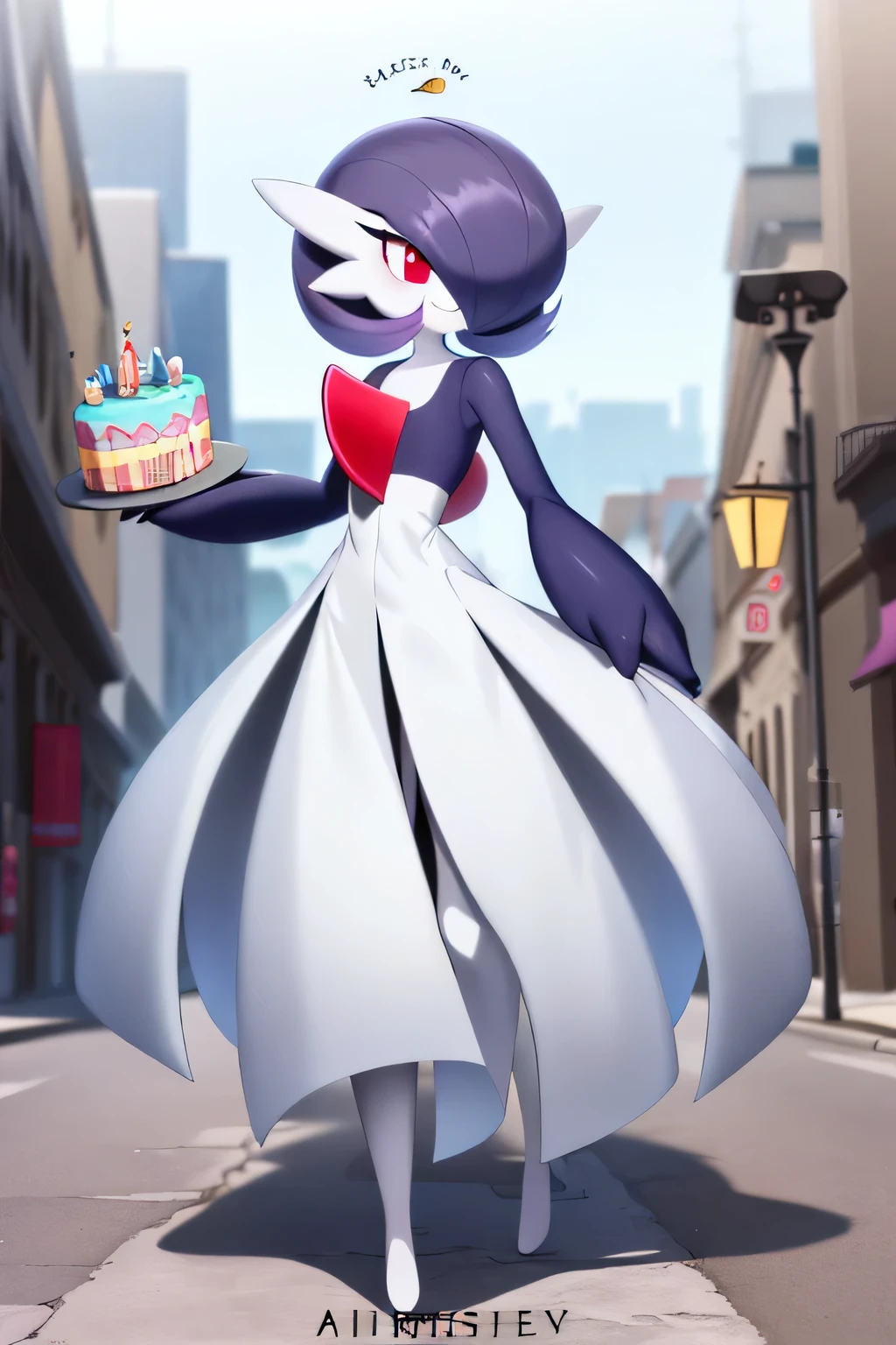 Masterpiece, best quality, 1 girl, solo, gardevoir, white dress, creatures \(company\), freak game, Nintendo, pokemon, pokemon \(game\), punches, colored skin, female focus, flat chest, Pokémon generation 3, dark purple hair, faded hair, dark purple skin, hair over one eye, multi-colored skin, pokemon \(creature\), red eyes, black pupil, short hair, two-tone skin, white skin, vial cone in the head, city backgrounds, standing smile, full body, holding a birthday cake in hand, smile, closed mouth