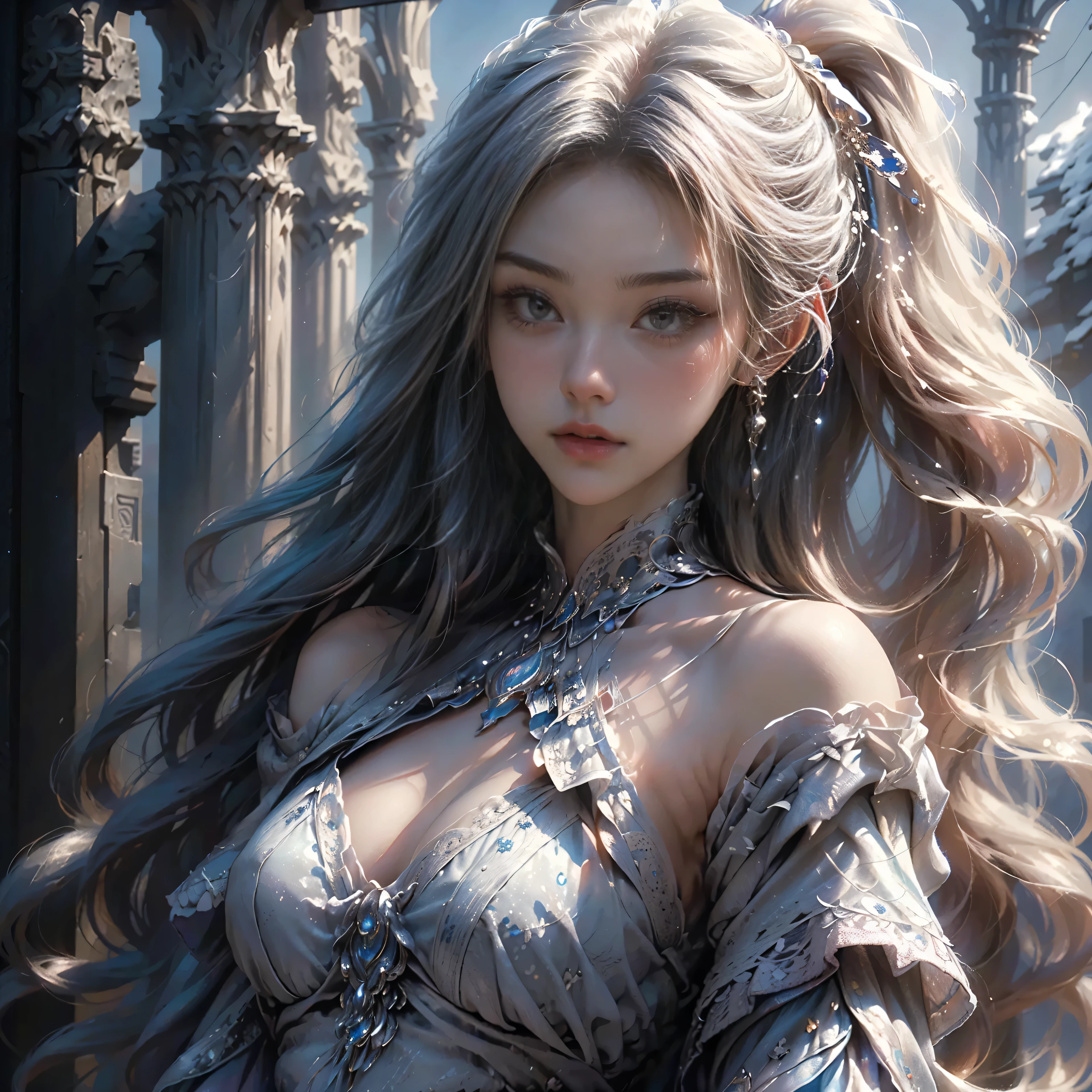 Masterpiece, (Best quality: 1.2), (Super fine: 1.2), illustration, (Extremely delicate and beautiful: 1.2), Film angle, Floating, (beatiful detailed eyes: 1.1), (Detail light: 1.1), film lights, Exquisite sky, woman, White hair, Blue eyes, (High ponytail: 1.1), Cloak, Glowing eyes, (Moon: 1.2), (Moonlight: 1.1), Starry sky, (Light particles: 1.1), Heavy fog , Snow painting, sketching, full bloom