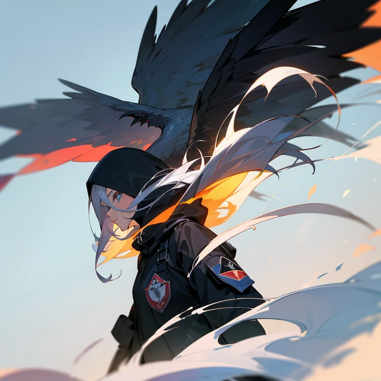 Uma imagem de uma mulher de cabelos pretos. Ela usa roupas modernas, um moletom e esta segurando uma arma de fogo. Atras dela tem um corvo voando.