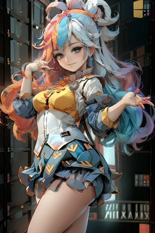 (Highest quality, masterpiece, Very detailedな, Very detailed, Exquisite, 16K,Full HD),(White Background:1.5),、Big Breasts,Pink hair and blue eyes、Yellow Jacket、Please raise your right hand、Lower your left hand、Stand only on your right foot、Raise your left leg。smile、Nanjamo,No text