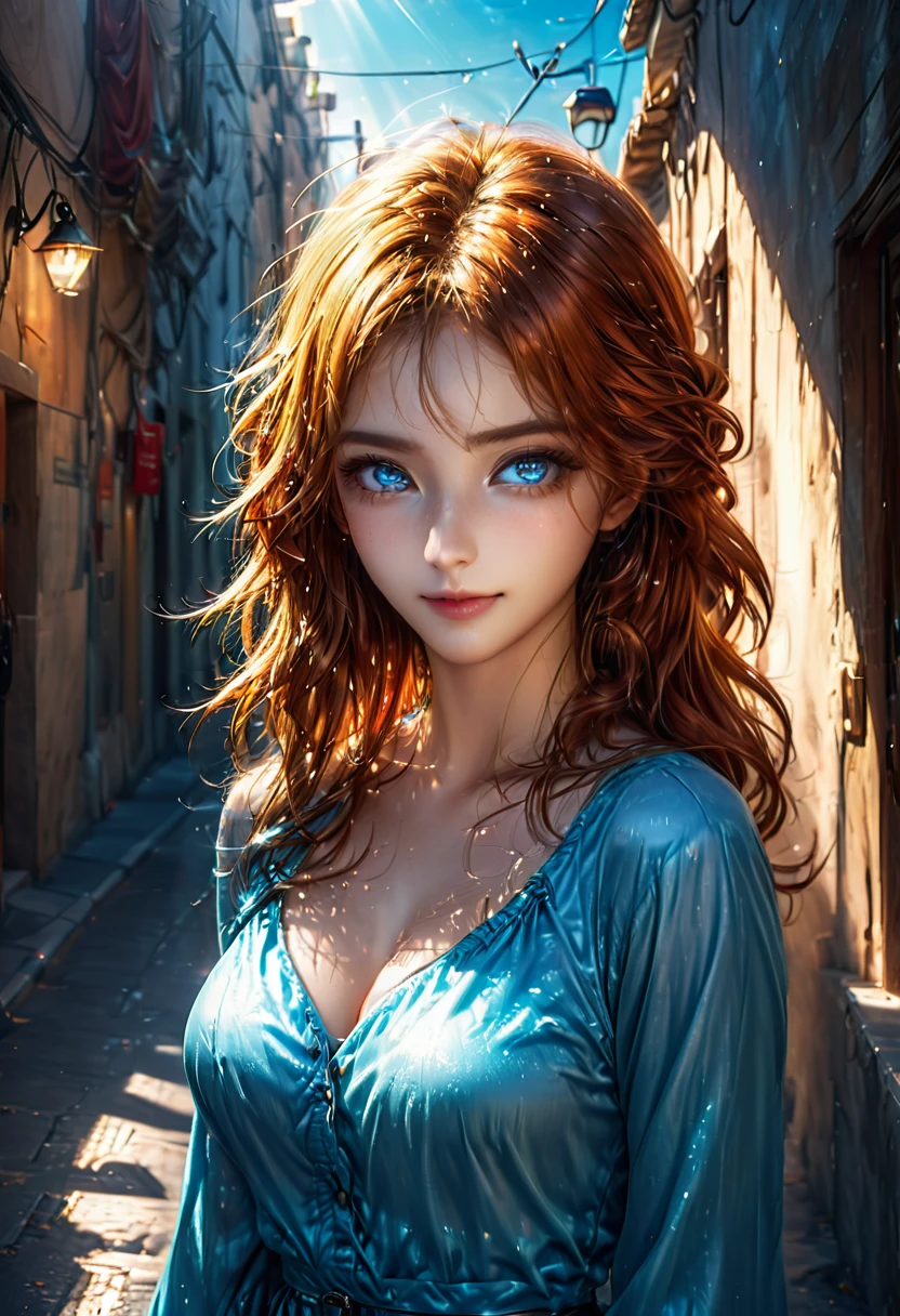 \(8k, RAW photo, best quality, masterpiece:1.2\), \(realistic, photo-realistic:1.37\), \(ulzzang-6500-v1.1\),\(detailed eyes\), \(detailed facial features\), \(\(detailed clothes features\)\), full body,(normal size breasts, cleavage),(face focus), photography, ram photo,hd,extremely detailed CG unity 8k wallpaper, huge filesize, ultra-detailed, highres, absurdres,beautiful eyes,ray tracing, dramatic shadows,fine detail,dramatic angle,high saturation,lens flare,(standing),Sharp light, light blue eyes, solo,clothes texture ,skin texture ,Depth of field,middle long hair,Fluttering hair,red hair,(Mysterious smile:1.2),center opening, copper-blonde hair, 1girl Walking in the street,city,road,street,building, reality style, bodycon skirt, sassi_di_matera
