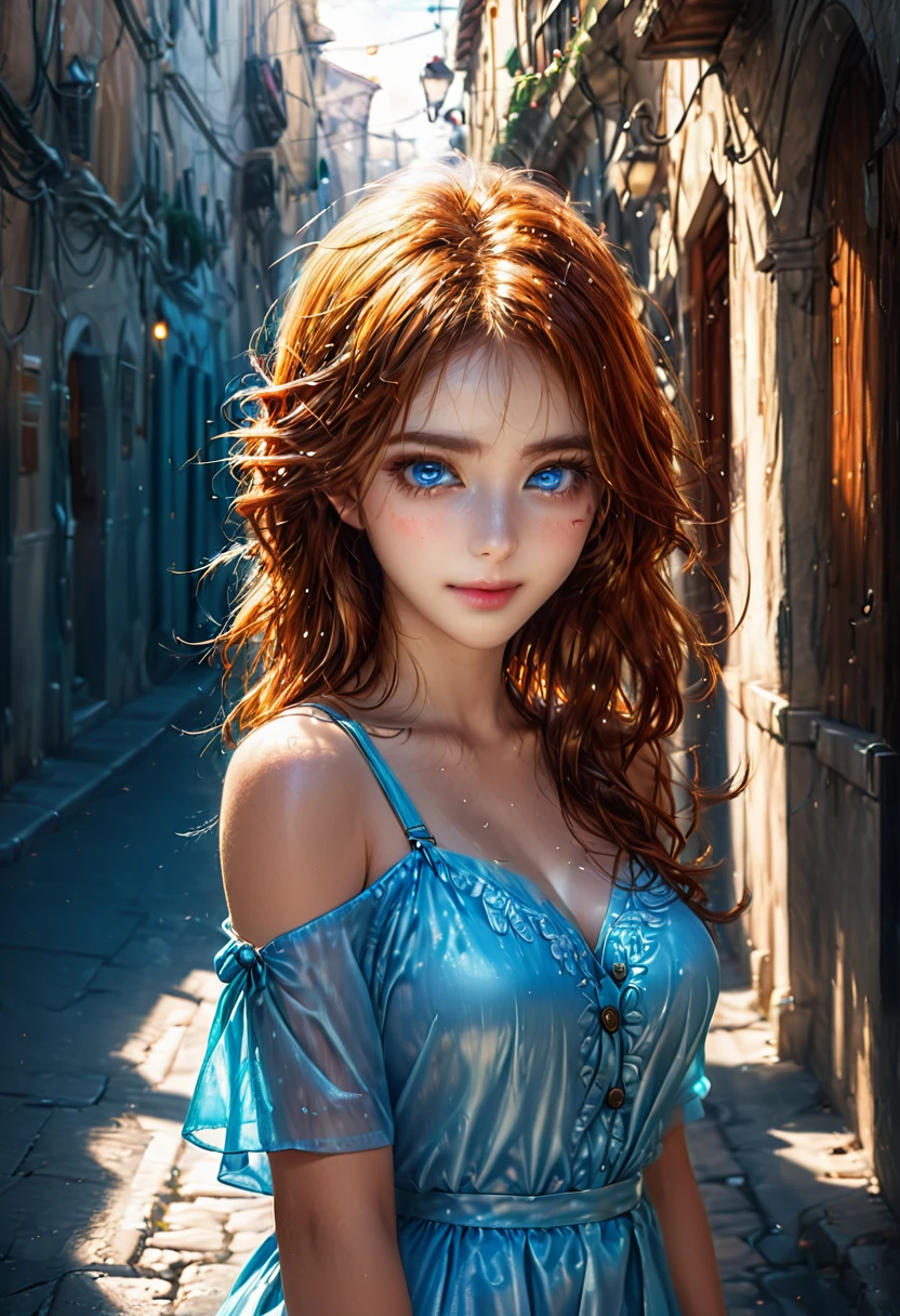 \(8k, RAW photo, best quality, masterpiece:1.2\), \(realistic, photo-realistic:1.37\), \(ulzzang-6500-v1.1\),\(detailed eyes\), \(detailed facial features\), \(\(detailed clothes features\)\), full body,(normal size breasts, cleavage),(face focus), photography, ram photo,hd,extremely detailed CG unity 8k wallpaper, huge filesize, ultra-detailed, highres, absurdres,beautiful eyes,ray tracing, dramatic shadows,fine detail,dramatic angle,high saturation,lens flare,(standing),Sharp light, light blue eyes, solo,clothes texture ,skin texture ,Depth of field,middle long hair,Fluttering hair,red hair,(Mysterious smile:1.2),center opening, copper-blonde hair, 1girl Walking in the street,city,road,street,building, reality style, bodycon skirt, sassi_di_matera