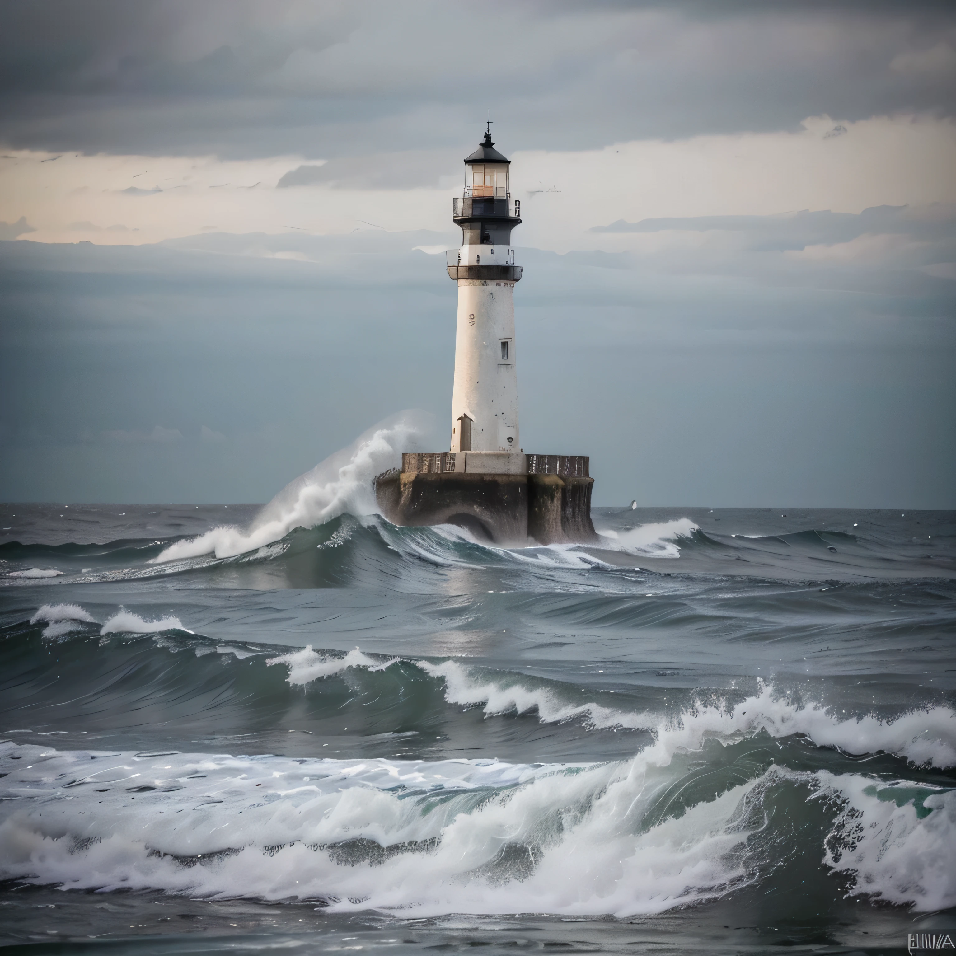 ((Maximum quality, 8k, preto e branco, obra de arte: 1.3)), beleza, impressionismo, 1 ondas, Abs delgado: 1.1, Ondas altas, 2 farol alto, Abs delgado: 2.1 lighthouse amidst the waves with a rock, noite, 3 lua, Abs delgado: 3.1 luagrande ao fundo