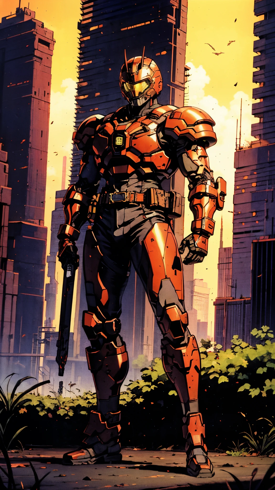 A man wearing a full-face helmet, a fantasy-style biotech armored combat suit, green eyes, (a composite layered chest armor), fully enclosed shoulder guards, matching arm and leg guards, the belt is adorned with dragon claw grasping orbs, (primarily black with red accents), the design balances heavy with agility, a high-tech bio-mecha armor, (Dynastinae concept Armor, stand on the top of a skyscraper in a futuristic sci-fi city), this character embodies a finely crafted fantasy-surreal style armored hero in anime style, exquisite and mature manga art style, (element, plasma, energy, the armor glows), ((male:1.5)), metallic, real texture material, dramatic, high definition, best quality, highres, ultra-detailed, ultra-fine painting, extremely delicate, professional, perfect body proportions, golden ratio, anatomically correct, symmetrical face, extremely detailed eyes and face, high quality eyes, creativity, RAW photo, UHD, 32k, Natural light, cinematic lighting, masterpiece-anatomy-perfect, masterpiece:1.5