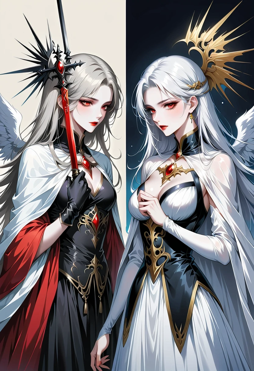 Beautiful angel holding a sword,Simple lines,Abstract Art,Holding a red long sword, (The artwork should transition from a black and white pencil style on the left half to bright colors on the right half, Ensure the two halves blend seamlessly,No dividing line. Detailed black and white pencil strokes are shown on the left,The fill color is shown on the right, Create a fusion of the entire image)
