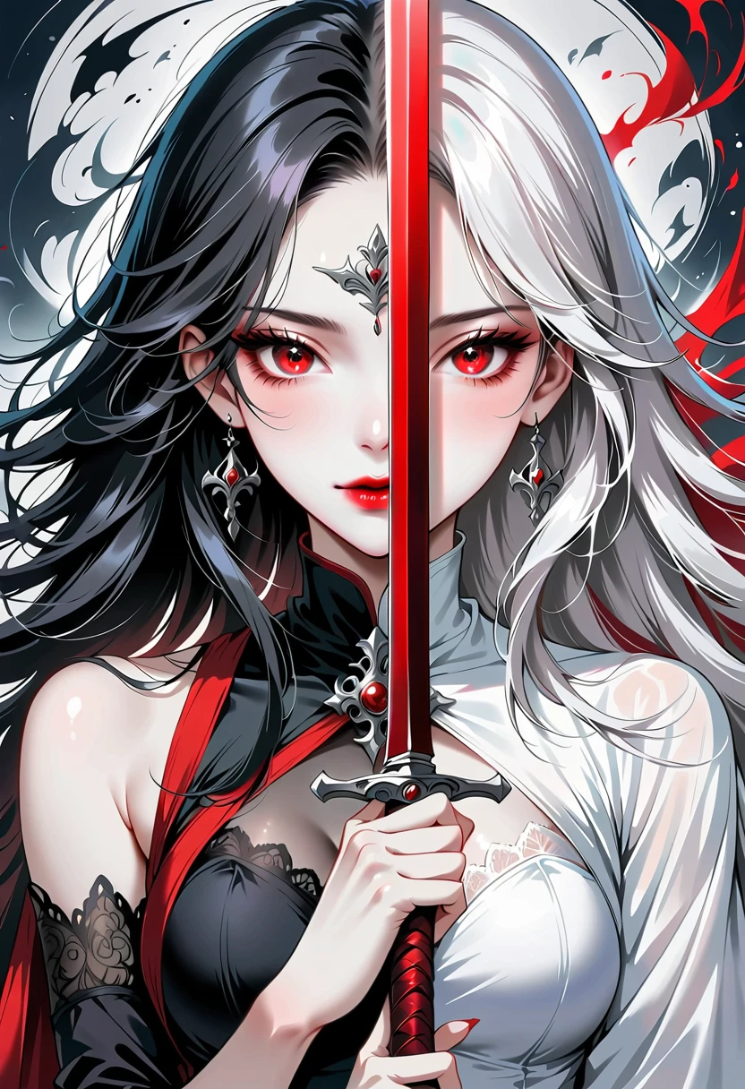 Beautiful angel holding a sword，Simple lines，Abstract Art，Holding a red long sword， (The artwork should transition from a black and white pencil style on the left half to bright colors on the right half, Ensure the two halves blend seamlessly，No dividing line. Detailed black and white pencil strokes are shown on the left，The fill color is shown on the right, Create a fusion of the entire image)