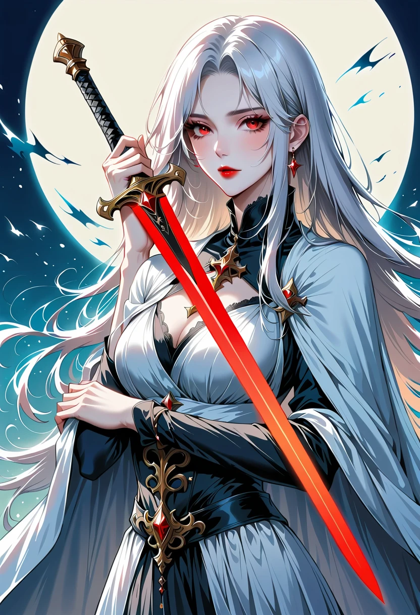 Beautiful angel with sword，Simple lines，Abstract Art，Holding a red long sword，