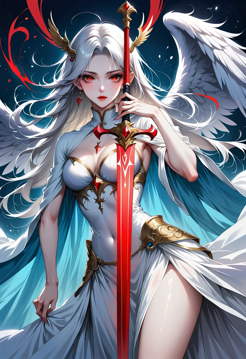 Beautiful angel with sword，Simple lines，Abstract Art，Holding a red long sword，