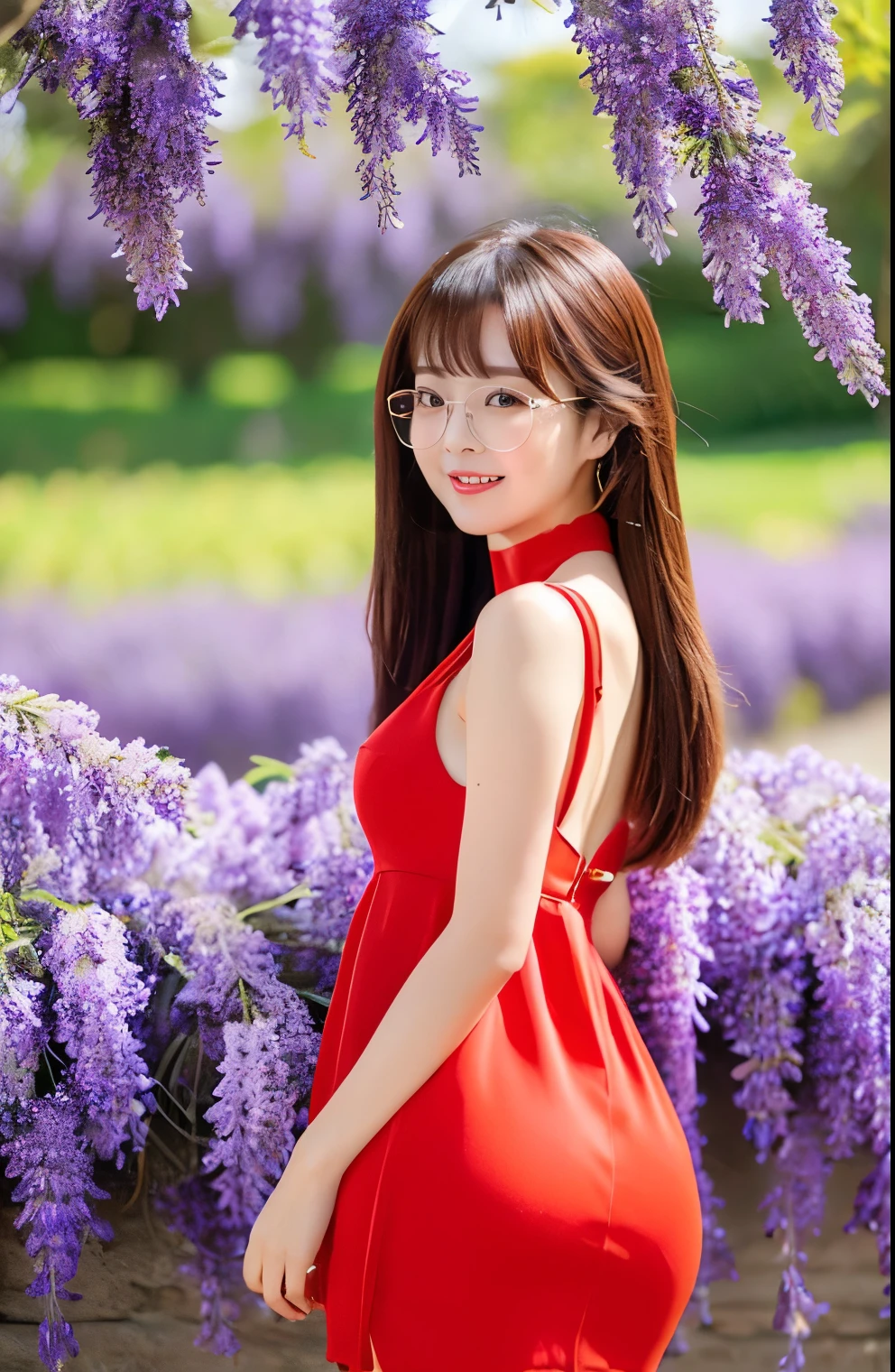 Chinese Idol Mature Woman The spring wind blows large amount of wisteria flowers Lavender Fields Brown hair with bangs Hair blowing in the wind Rimless glasses Bright red rouge lips Big Breasts China dress Knee-high boots Turn around with your back Sit with your buttocks sticking out Turn around and make eye contact Photorealistic Happy expression Duck mouth masterpiece