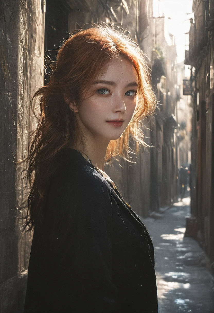 \(8k, RAW photo, best quality, masterpiece:1.2\), \(realistic, photo-realistic:1.37\), \(ulzzang-6500-v1.1\),\(detailed eyes\), \(detailed facial features\), \(\(detailed clothes features\)\), full body,(normal size breasts, cleavage),(face focus), photography, ram photo,hd,extremely detailed CG unity 8k wallpaper, huge filesize, ultra-detailed, highres, absurdres,beautiful eyes,ray tracing, dramatic shadows,fine detail,dramatic angle,high saturation,lens flare,(standing),Sharp light, light blue eyes, solo,clothes texture ,skin texture ,Depth of field,middle long hair,Fluttering hair,red hair,(Mysterious smile:1.2),center opening, copper-blonde hair, 1girl Walking in the street,city,road,street,building, reality style, bodycon skirt, sassi_di_matera
