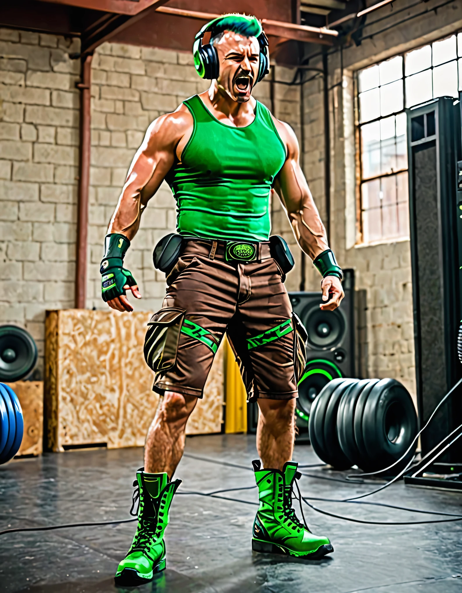 best quality, masterpiece, highres, 1man, early-thirties male, green hair, dark brown hair, crew cut, chest hair, full body, male focus, muscular, outstretched hand, perfect hands, pectorals, solo, wrestling outfit, green bike shorts, (headset, headphones, tactical radio), matching boots, Argentinian, steel skin, angry, full body with costume, cowboy shot, full body shot, rampaging towards the viewer