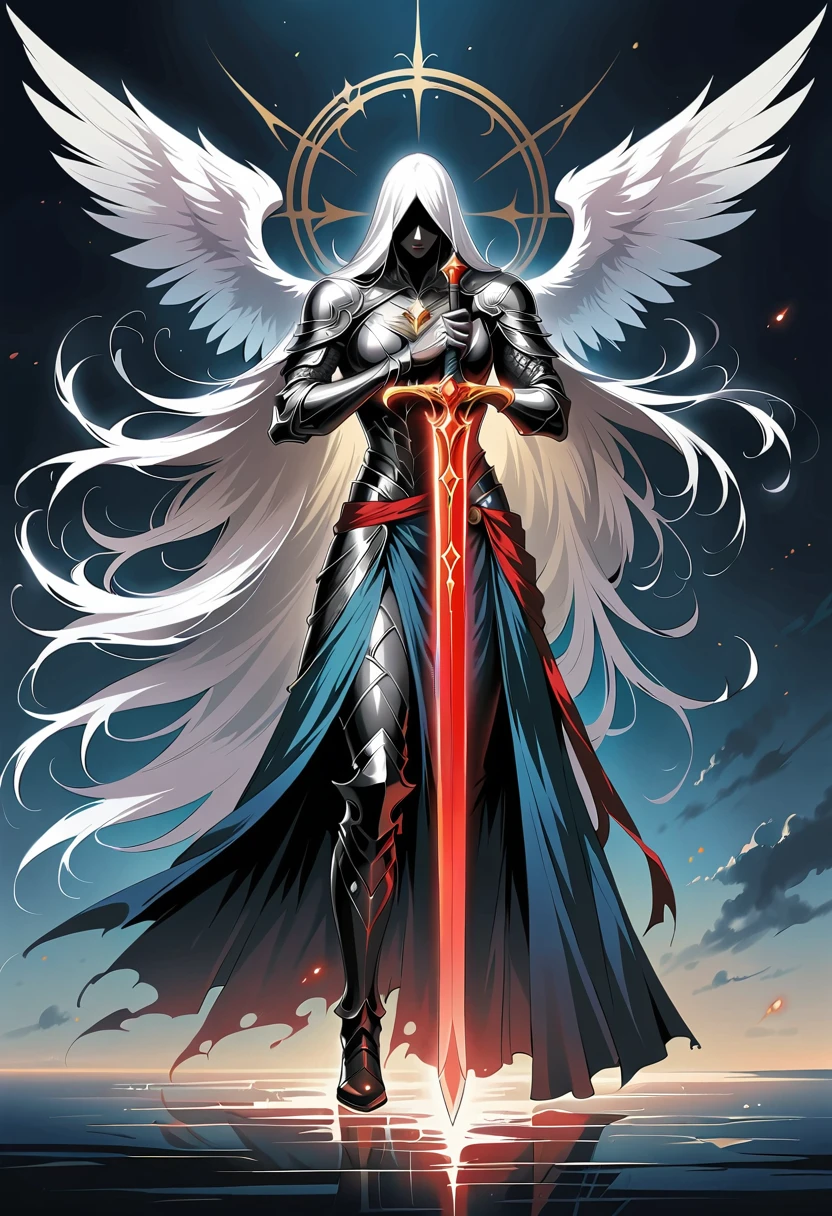 Beautiful angel with sword，Simple lines，Abstract Art，Holding a red long sword，