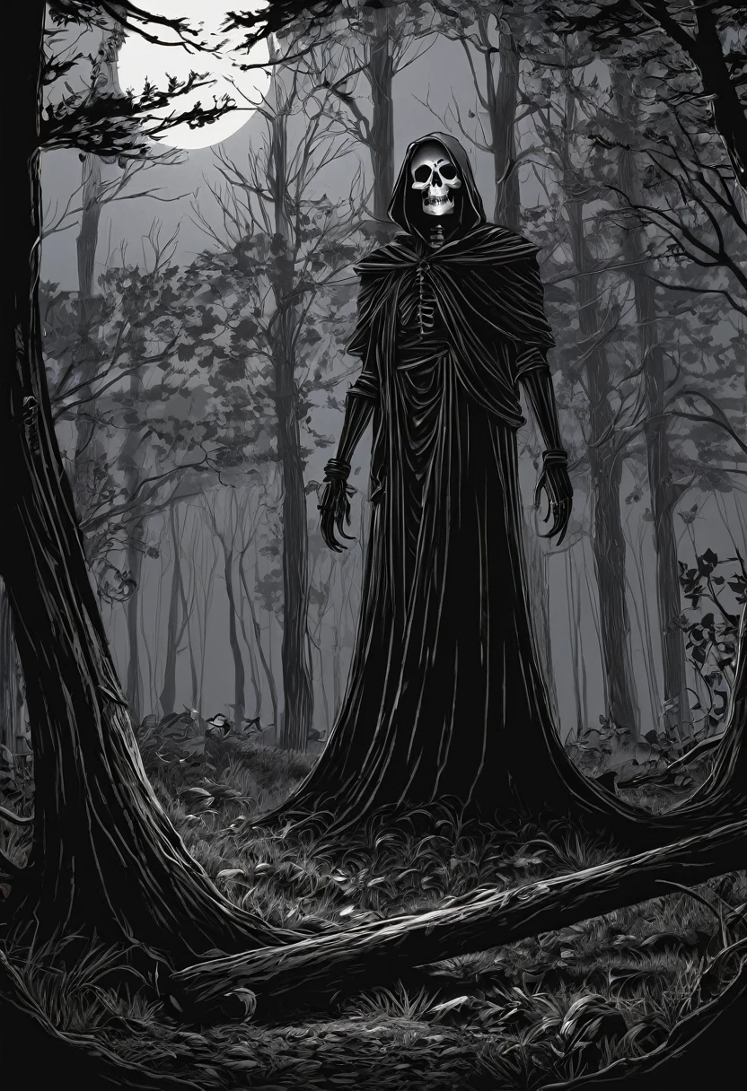 Dibujo de la sombra de la muerte en medio de un bosque oscuro