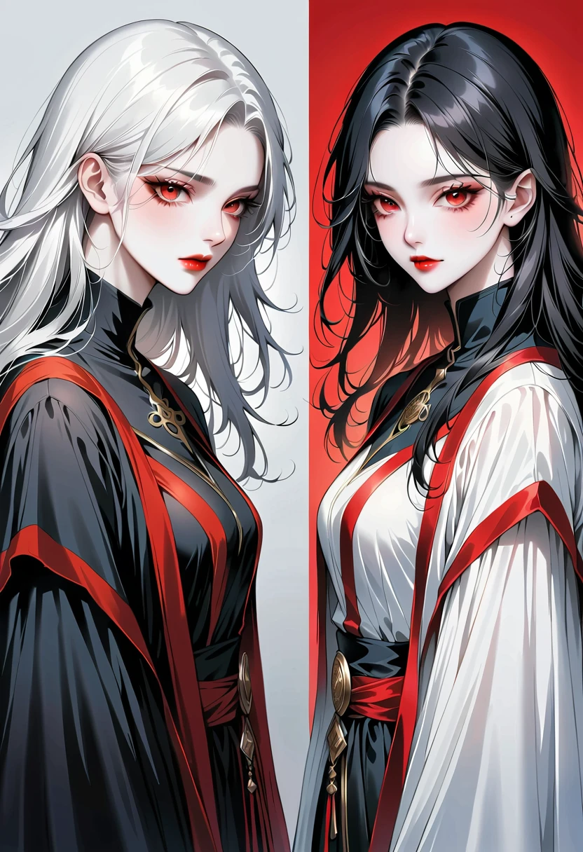 a beautiful young woman, 1 girl, detailed face, twin tails, colorful hair with black roots and red tips, wearing a red shirt with silver patterns, witch's hooded cloak, black leather pants, expressive detailed eyes, collar, jewelry, smile, hyperrealistic, video game rendering effect through ink overlay, white background, blood black shadow overlay effect, shading effect, red dualization effect, bloody ink, liquid ink rendering, hyperrealistic Sumi-e liquid ink painting, high detail, intricate details