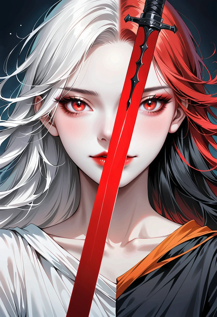 Beautiful angel holding a sword,Simple lines,Abstract Art,Holding a red long sword, (The artwork should transition from a black and white pencil style on the left half to bright colors on the right half, Ensure the two halves blend seamlessly,No dividing line. Detailed black and white pencil strokes are shown on the left,The fill color is shown on the right, Create a fusion of the entire image)