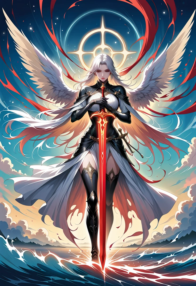 Beautiful angel with sword,Simple lines,Abstract Art,Holding a red long sword,