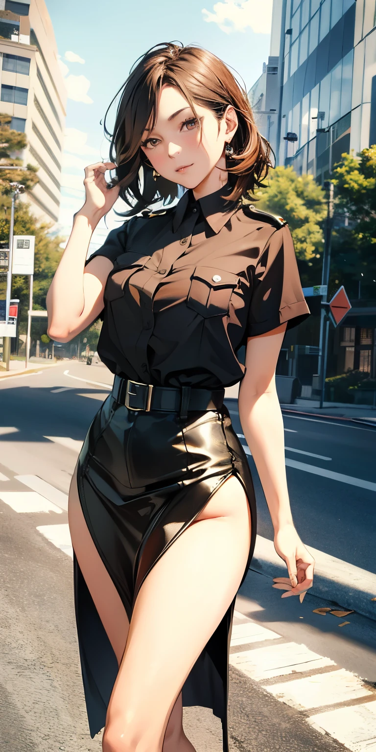 Absurd resolution, A high resolution, (tmasterpiece:1.4), ((gigantic braests)), ultra - detailed, 1girll, brown color eyes, cabelos preto e longos，Wear a police uniform and a short skirt, the city street,sexyposture, The camera is close to the body