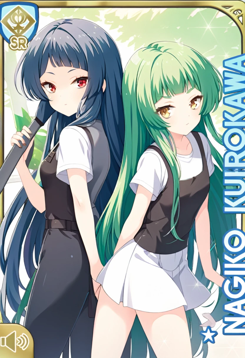 green hair, swept bangs, long hair, yellow eyes　dark blue hair, blunt bangs, very long hair, red eyes