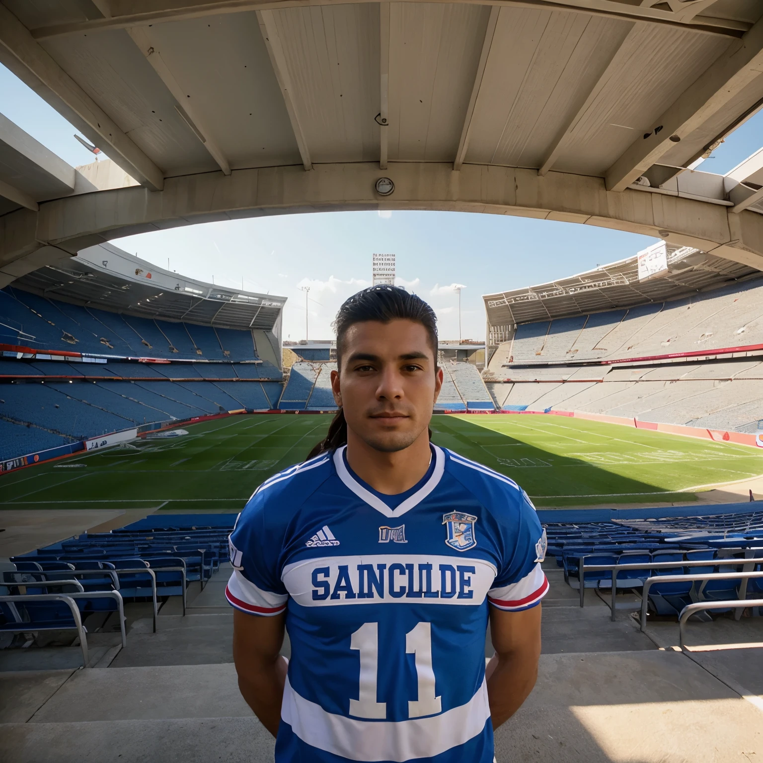 Football stadium with a lot of fans in the stands with blue shirts with white stripes with the legend "Aguante Santa Lucia"