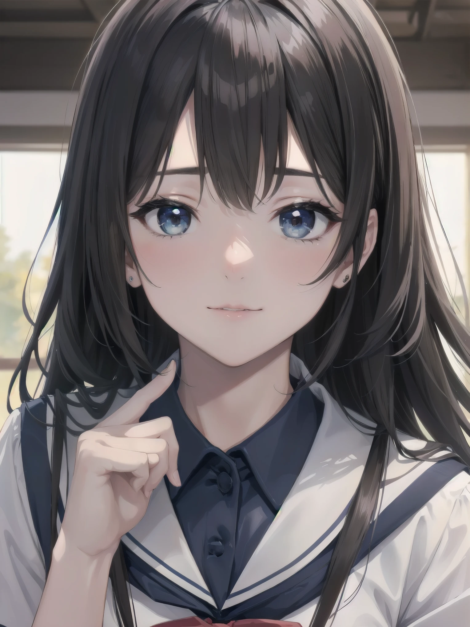 1 woman.(photorealstic cute face).(ultradetailed:1.4).bustshot.16K.navyblue school costume.blunt bangscut hair.best.musterpiece.redeyeliner.