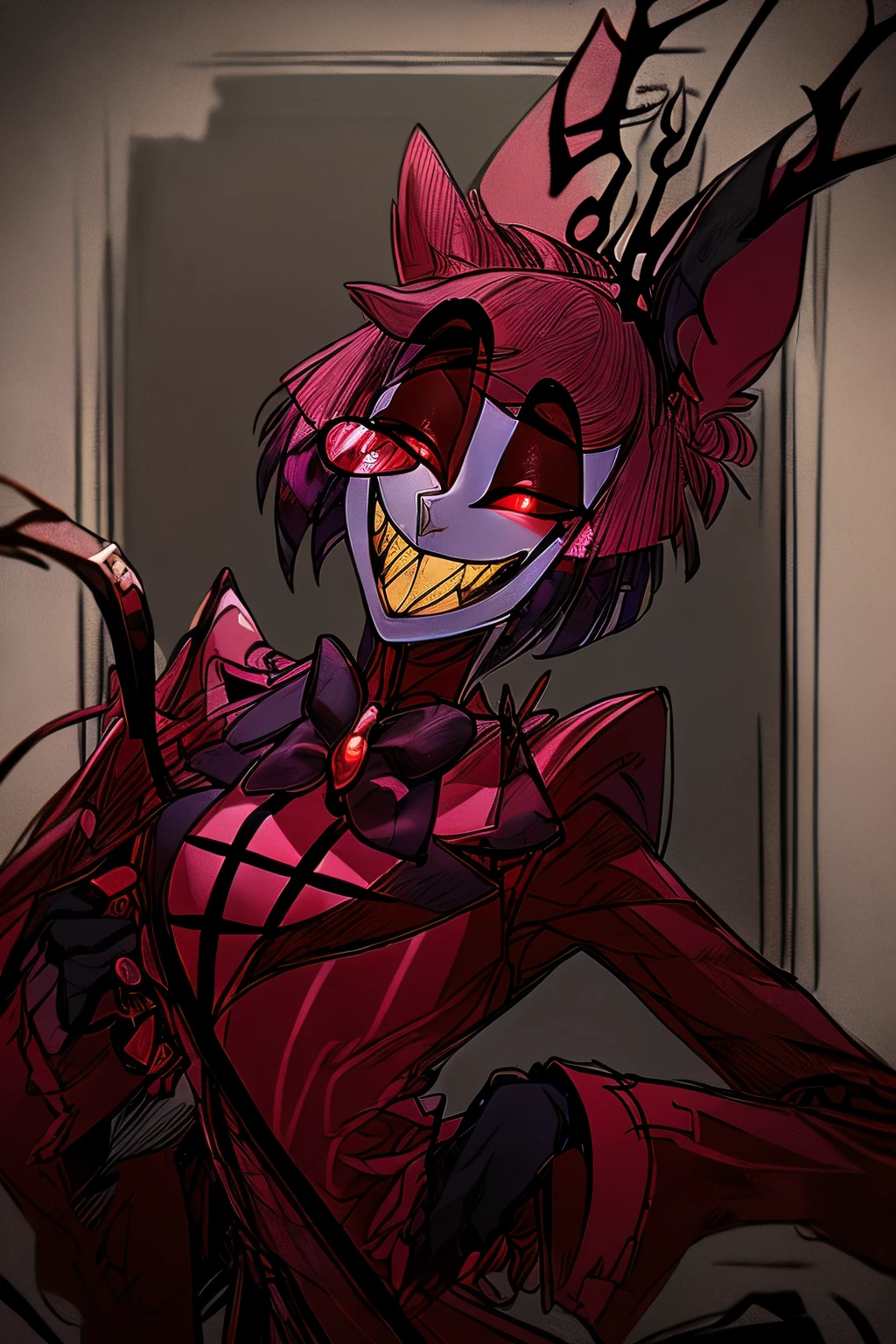 Alastor from hazbin hotel intimidating and seducing the viewer. 
view is low, looking up at the character, full body drawing, full body, cartoon anime style, horror, scary, attractive, (best quality,4k,8k,highres,ultra-detailed,horror,anime,professionally lit, , ((SCARLET EYES)), ((red eyes),bowtie, jacket, monocle, microphone, suit, 1boy, solo, animal ears, sharp teeth, red eyes, teeth, bow, smile, looking at viewer, slit pupils, red hair, grin, multicolored hair, red sclera, holding microphonevibrant colors, sharp focus, detailed facial features, wicked smile, piercing red eyes, slicked-back black hair, formal attire, top hat, radio microphone, vintage aesthetic, eerie lighting, ominous atmosphere, haunting presence all, lean figure with deer-like antlers on his head, boasting pale white skin, sharp teeth, and striking red eyes. vintage 1930s style attire, black suit with white pinstripes and a stylish red bow tie, complemented by a black top hat adorned with a distinctive red band, embodying the essence of a classic radio host from the early 20th century, which perfectly matches his charismatic and charming demeanor in the series.