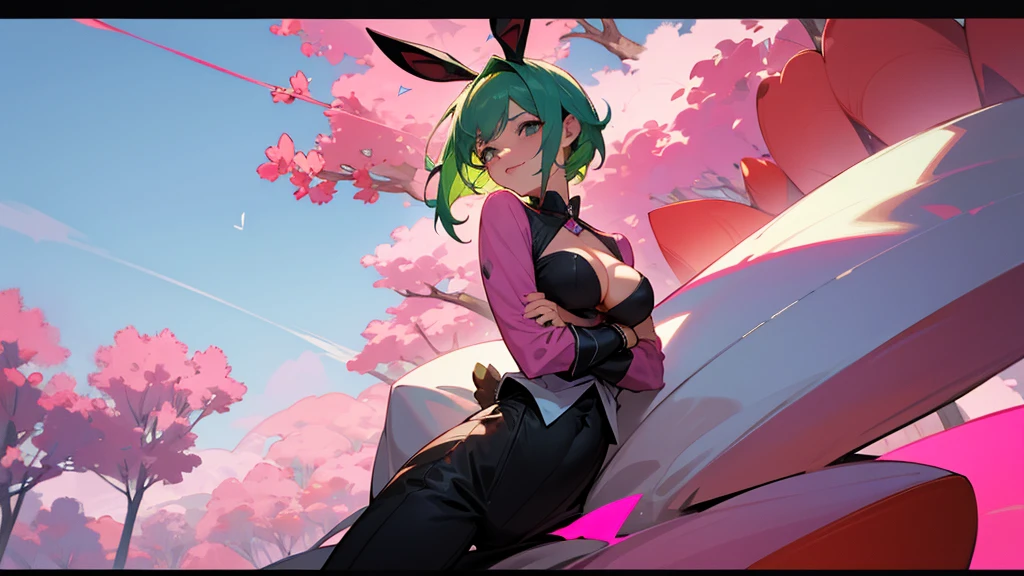 a bunny boy who is holding a sword and is on top of a pink tree with several souls around him and he is surprised looking at a girl and the girl has green hair and big breasts she crosses her arms over her big breasts and she looks at him with a mischievous tone and she licks her lips in a seductive way and she talks to the boy and has an exclamation balloon saying you liked what you saw boy? E a garota fica um pouco corada e o garoto fica corando extremamente