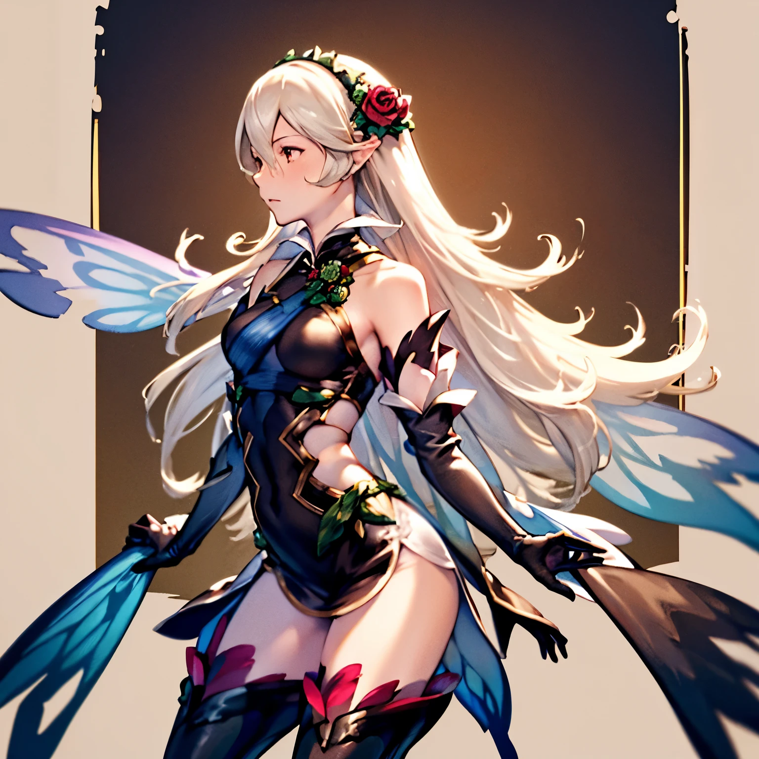 Masterpiece, solo, 1girl, upper body, respCorrin, hair ornament, rose, black dress, bare shoulders, elbow gloves, fairy wings, black thighhighs