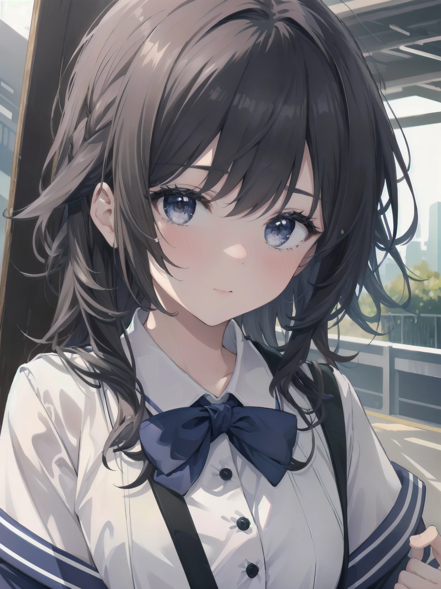 1 woman.(photorealstic cute face).(ultradetailed:1.4).bustshot.16K.navyblue school costume.blunt bangscut hair.best.musterpiece.redeyeliner.