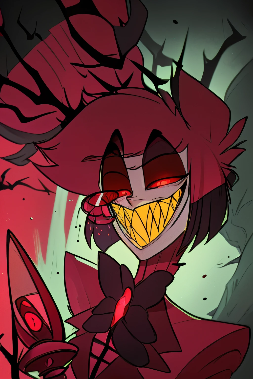 Alastor from hazbin hotel intimidating and seducing the viewer. 
view is low, looking up at the character, full body drawing, full body, cartoon anime style, horror, scary, attractive, (best quality,4k,8k,highres,ultra-detailed,horror,anime,professionally lit, , ((SCARLET EYES)), ((red eyes),bowtie, jacket, monocle, microphone, suit, 1boy, solo, animal ears, sharp teeth, red eyes, teeth, bow, smile, looking at viewer, slit pupils, red hair, grin, multicolored hair, red sclera, holding microphonevibrant colors, sharp focus, detailed facial features, wicked smile, piercing red eyes, slicked-back black hair, formal attire, top hat, radio microphone, vintage aesthetic, eerie lighting, ominous atmosphere, haunting presence all, lean figure with deer-like antlers on his head, boasting pale white skin, sharp teeth, and striking red eyes. vintage 1930s style attire, black suit with white pinstripes and a stylish red bow tie, complemented by a black top hat adorned with a distinctive red band, embodying the essence of a classic radio host from the early 20th century, which perfectly matches his charismatic and charming demeanor in the series.