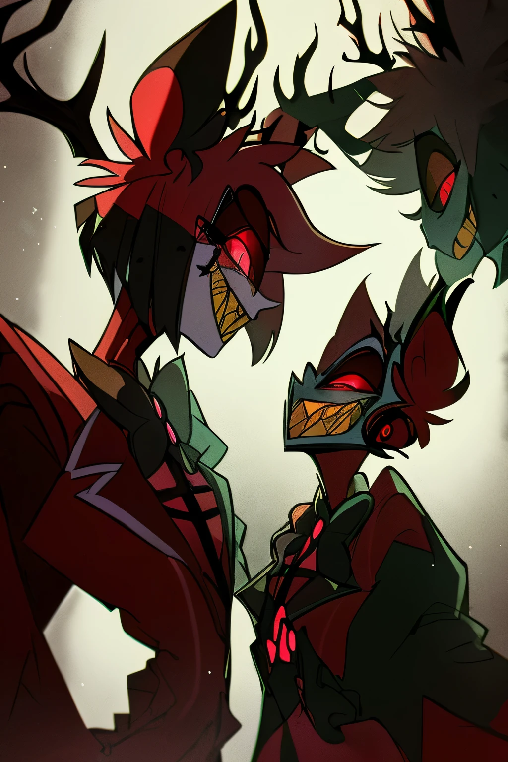 Alastor from hazbin hotel intimidating and seducing the viewer. 
view is low looking up at the character, full body drawing, full body, cartoon anime style, horror, scary, attractive, (best quality,4k,8k,highres,ultra-detailed,horror,anime,professionally lit, , ((SCARLET EYES)), ((red eyes),bowtie, jacket, monocle, microphone, suit, 1boy, solo, animal ears, sharp teeth, red eyes, teeth, bow, smile, looking at viewer, slit pupils, red hair, grin, multicolored hair, red sclera, holding microphone, vibrant colors, sharp focus, detailed facial features, wicked smile, piercing red eyes, slicked-back black hair, formal attire, top hat, radio microphone, vintage aesthetic, eerie lighting, ominous atmosphere, haunting presence all, lean figure with deer-like antlers on his head, boasting pale white skin, sharp teeth, and striking red eyes. vintage 1930s style attire, black suit with white pinstripes and a stylish red bow tie, complemented by a black top hat adorned with a distinctive red band, embodying the essence of a classic radio host from the early 20th century, which perfectly matches his charismatic and charming demeanor in the series. Full body drawing, head to toe, full character,