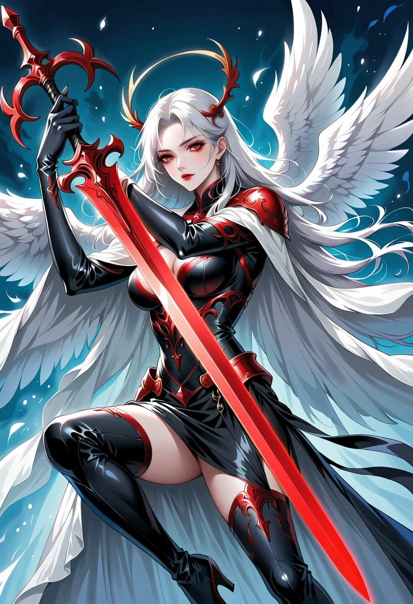 Beautiful angel with sword,Simple lines,Abstract Art,Holding a red long sword,