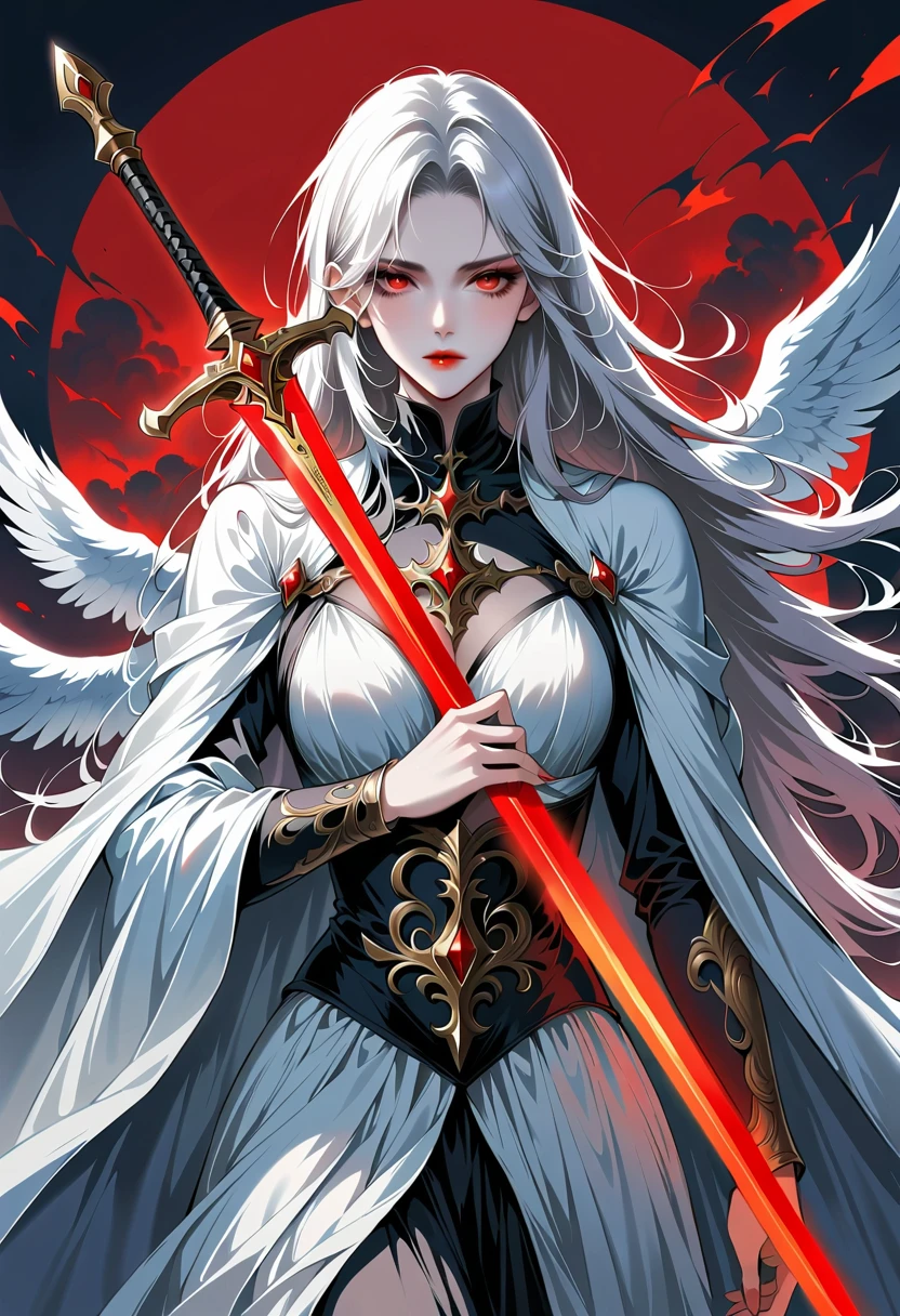 Beautiful angel with sword,Simple lines,Abstract Art,Holding a red long sword,