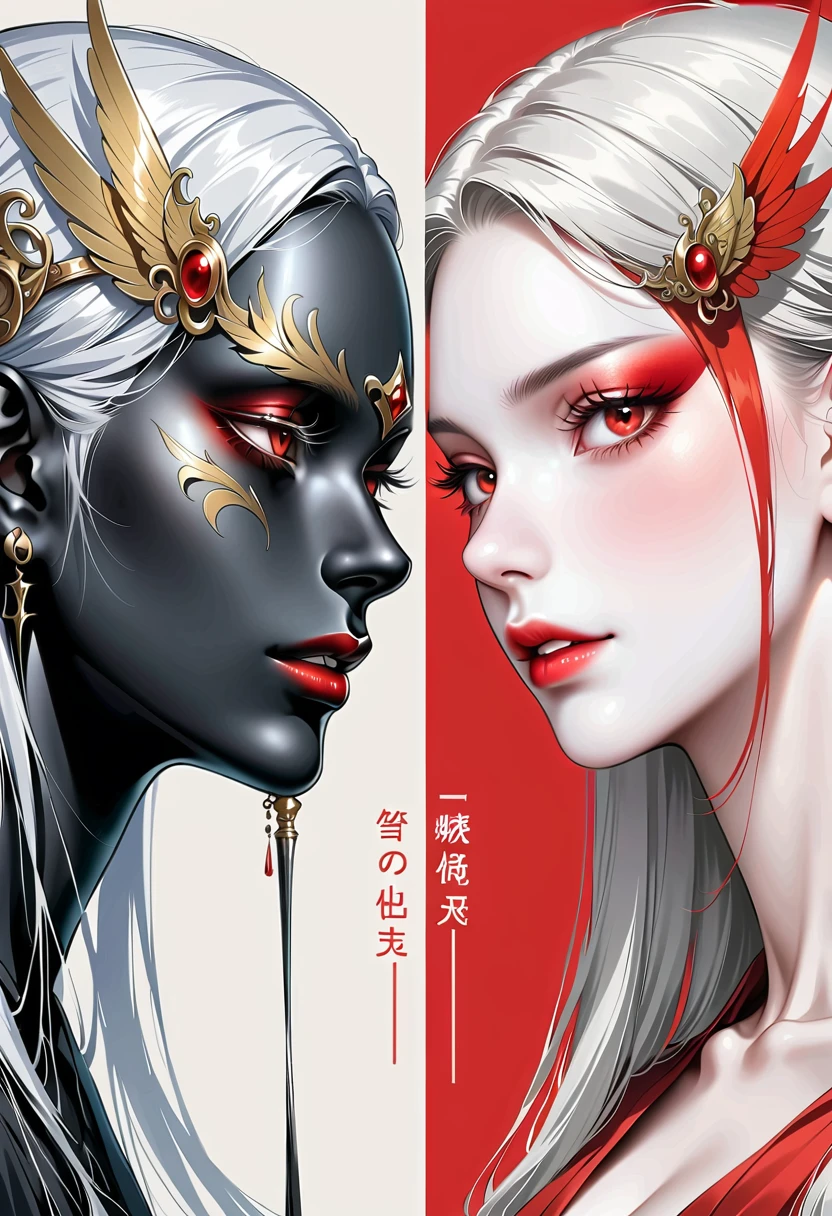 Beautiful angel holding a sword,Simple lines,Abstract Art,Holding a red long sword, (The artwork should transition from a black and white pencil style on the left half to bright colors on the right half, Ensure the two halves blend seamlessly,No dividing line. Detailed black and white pencil strokes are shown on the left,The fill color is shown on the right, Create a fusion of the entire image)