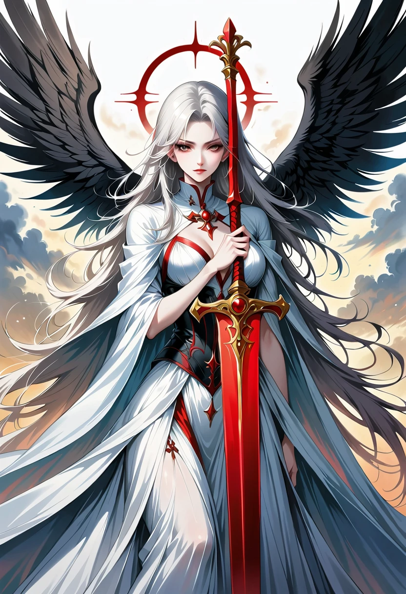 Beautiful angel with sword，Simple lines，Abstract Art，Holding a red long sword，