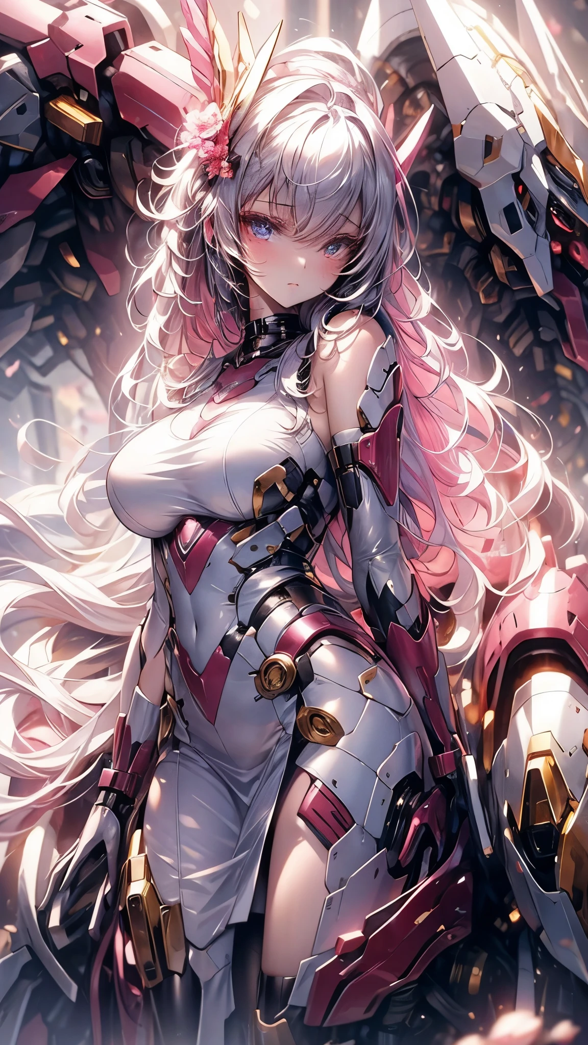 sensual, ((long pink curly hair)), thick thighs, 8k, 4k, highest quality, High resolution:1.2), cute anime face, noise reduction, ((shining blue eyes, gentle smile, kind eyes))、toned abdominal muscles, muscular arms, muscular legs,  young face, anime eyes, (((big breasts、A chest that is about to burst)))、(((Bondage Play)))、(((Rear view、I&#39;ll turn around、emphasize the buttocks、T-back that digs into your butt)))、(((white thong thong)))、(((Grab your breasts with both handecha battle armor