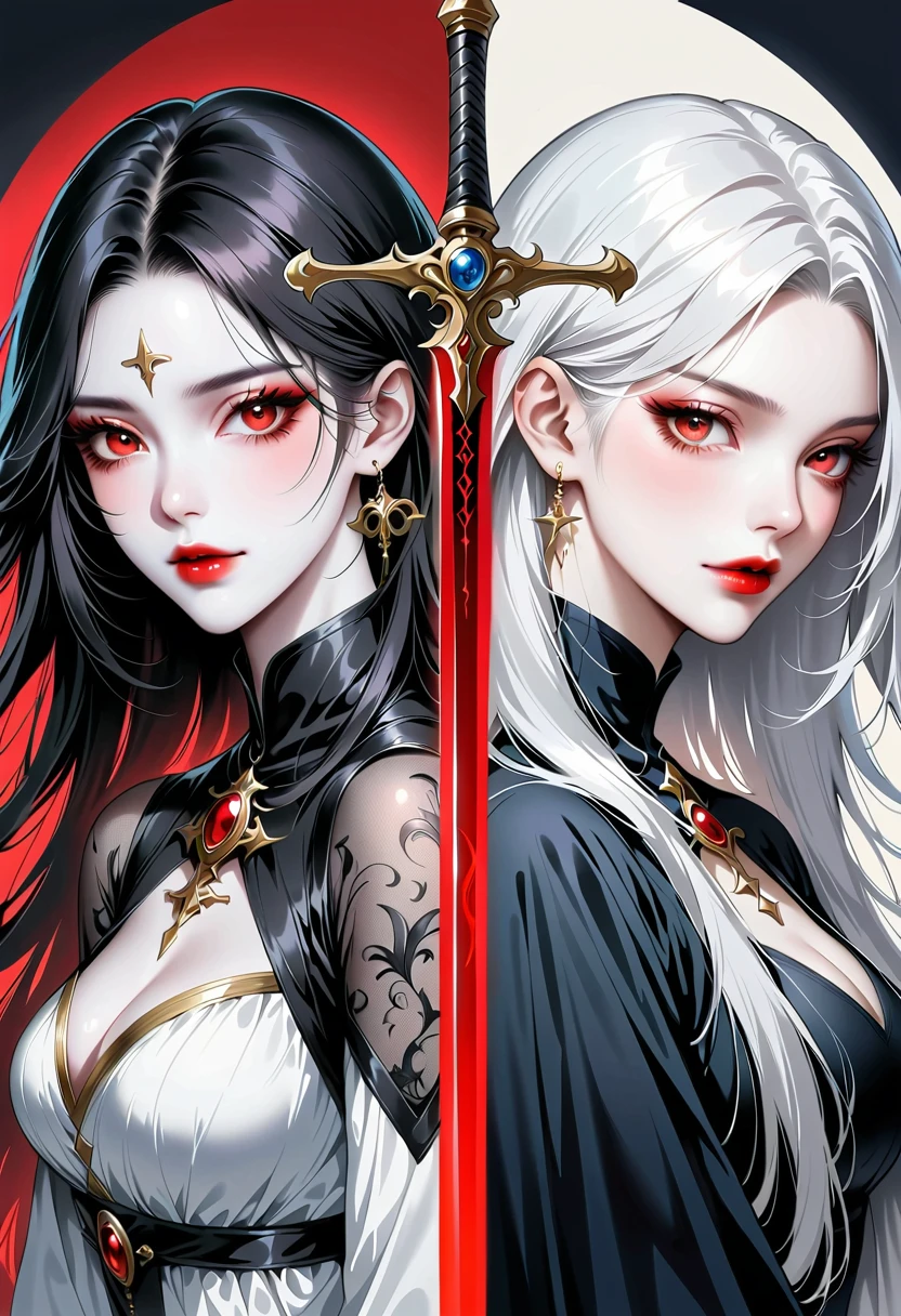 Beautiful angel holding a sword,Simple lines,Abstract Art,Holding a red long sword, (The artwork should transition from a black and white pencil style on the left half to bright colors on the right half, Ensure the two halves blend seamlessly,No dividing line. Detailed black and white pencil strokes are shown on the left,The fill color is shown on the right, Create a fusion of the entire image)