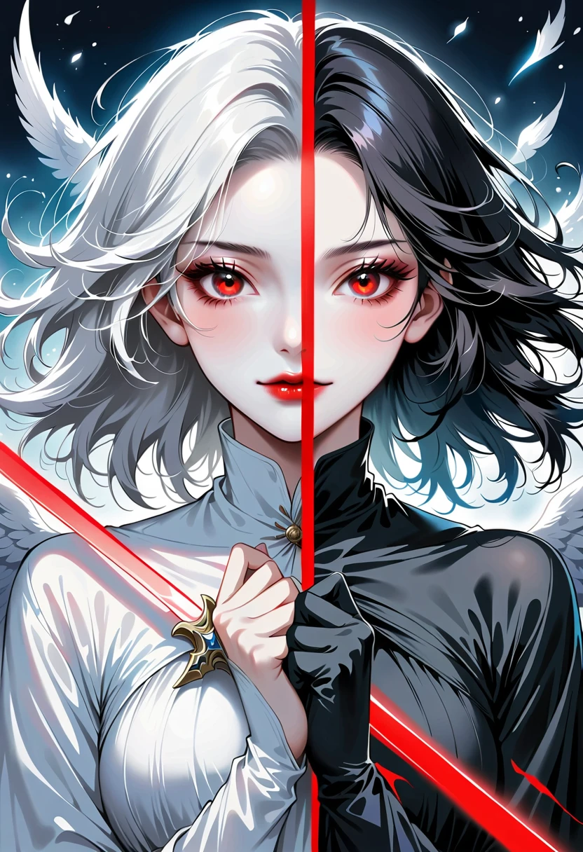 Beautiful angel holding a sword，Simple lines，Abstract Art，Holding a red long sword， (The artwork should transition from a black and white pencil style on the left half to bright colors on the right half, Ensure the two halves blend seamlessly，No dividing line. Detailed black and white pencil strokes are shown on the left，The fill color is shown on the right, Create a fusion of the entire image)