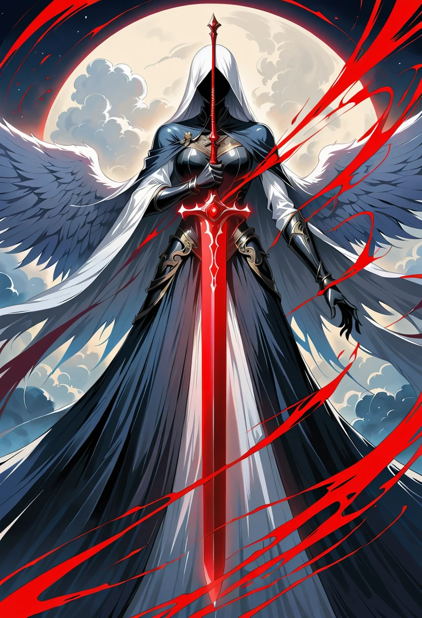 Beautiful angel with sword,Simple lines,Abstract Art,Holding a red long sword,