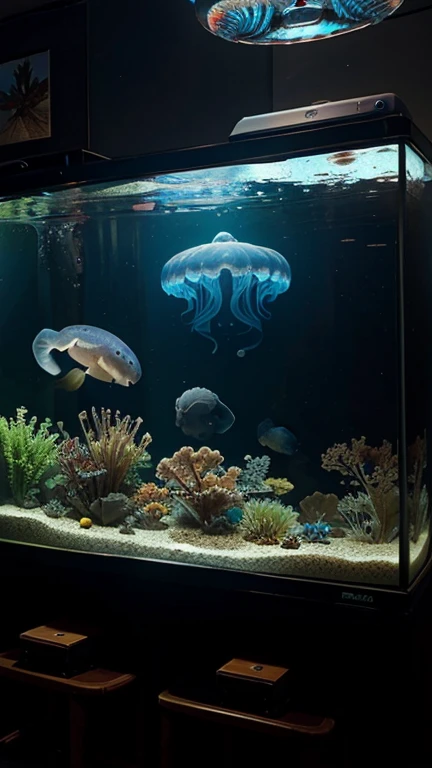 aquarium, fish tank with jellyfish, realistic 